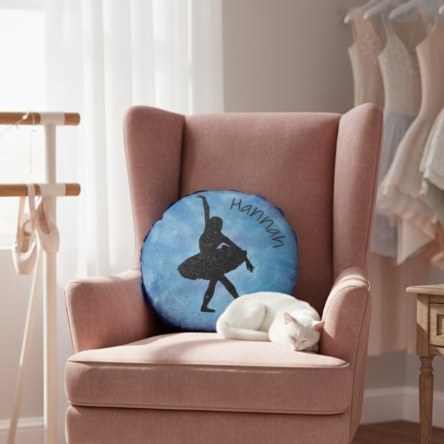 Blue Ballerina Pillow mit Namen - rund - 30 cm Rundes Kissen (Round blue ballerina pillow with custom name. 🩰)
