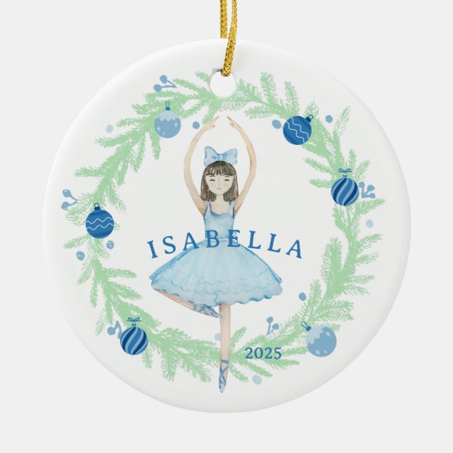 Blue Ballerina und Weihnachtskranz Keramik Ornament (Vorne)