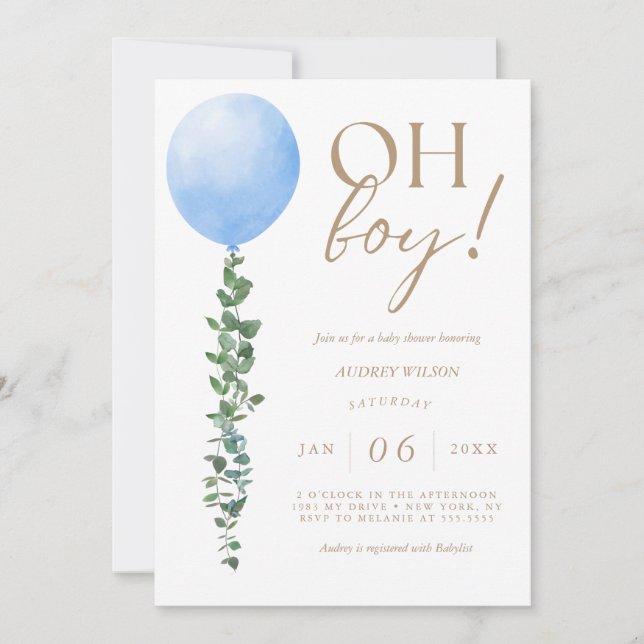 Blue Balloon Baby Boy Shower Einladung Oh Boy (Vorderseite)