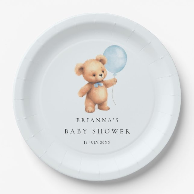 Blue Balloon Bear Baby Dusche Pappteller (Vorderseite)