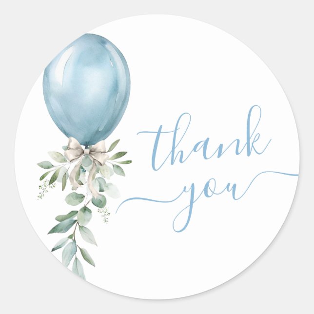 Blue Balloon Bow Greenery Baby Shower Thank You Runder Aufkleber (Vorderseite)