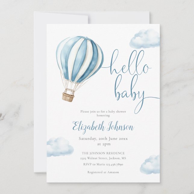 Blue Balloon Boy QR Code Foto Babydusche Einladung (Vorderseite)