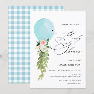 Blue Balloon Calligraphy Script Baby Dusche Einladung