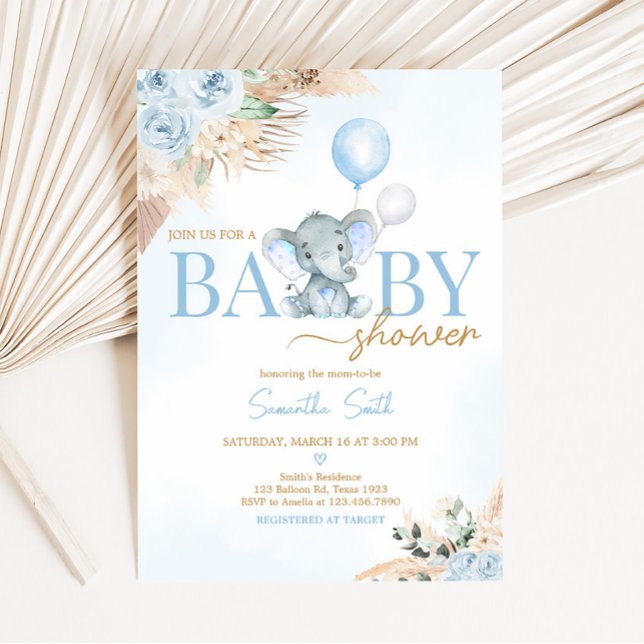Blue Balloon Elephant Baby Dusche Einladung (Blue Floral Pampas Grass Elephant Baby Shower Invitation)