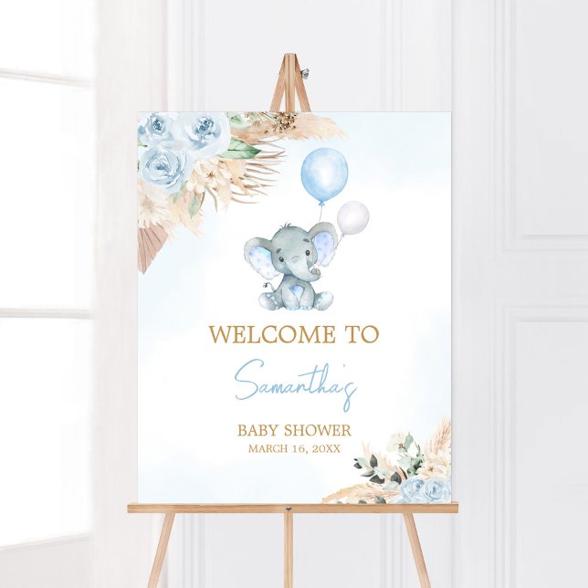 Blue Balloon Elephant Baby Dusche Willkommen Poster (Blue Floral Pampas Grass Elephant Baby Shower Welcome Sign)