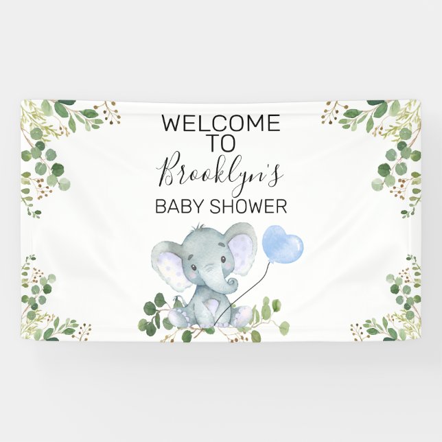 Blue Balloon Elephant Foliage Baby Dusche Willkomm Banner (Horizontal)