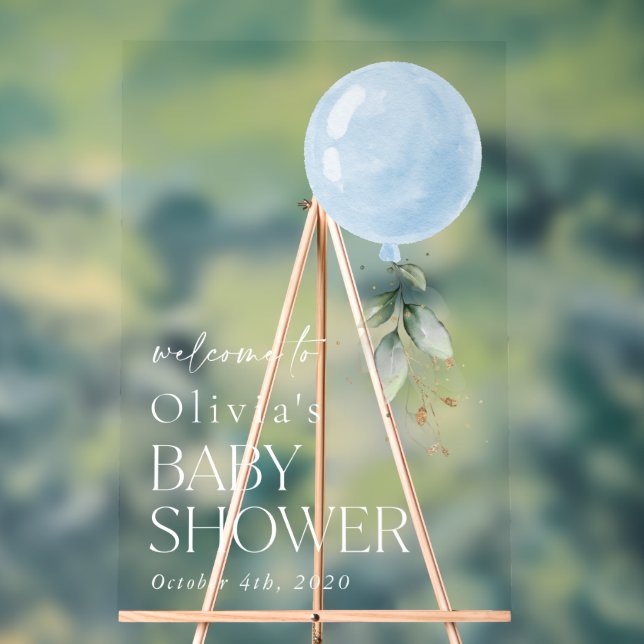 Blue Balloon, Eucalyptus, Baby-Dusche Willkommen Acrylschild (Neutral)