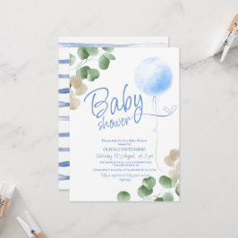 Blue Balloon Eucalyptus Boy Baby Showroom Einladung