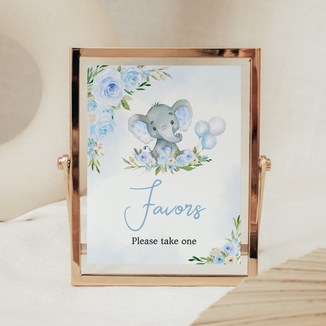Blue Balloon Floral Elephant Favorits Poster (Boy Elephant Balloon Baby Shower Favors Sign)