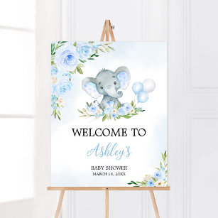 Blue Balloon Floral Elephant Willkommen Poster