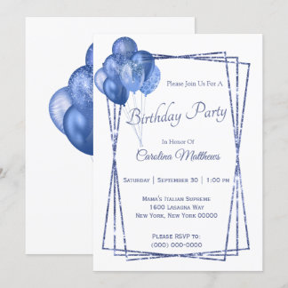Blue Balloon Glitzer Birthday Einladung