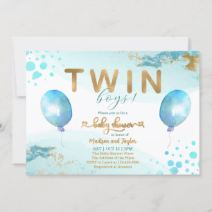 Blue Balloon Gold Twin Boy Baby Shower Einladung