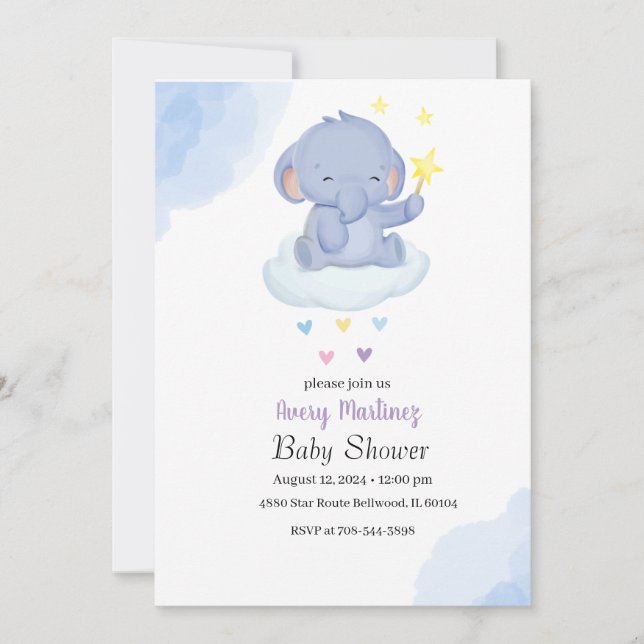 Blue Balloon Niedlich Elephant Baby Dusche Einladung (Vorderseite)