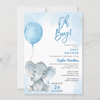 Blue Balloon Oh Boy Elephant Baby Dusche Einladung