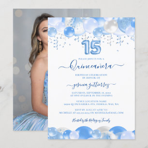 Blue Balloon Sparkle Quinceañera Foto Einladung