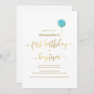 Blue Balloon Taufe & 1. Geburtstags-Gold-Script Einladung