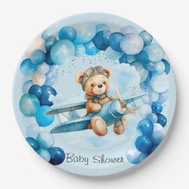 Blue Balloon Teddy Bear Airplane Boy Baby Dusche Pappteller