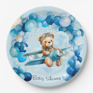 Blue Balloon Teddy Bear Airplane Boy Baby Dusche Pappteller