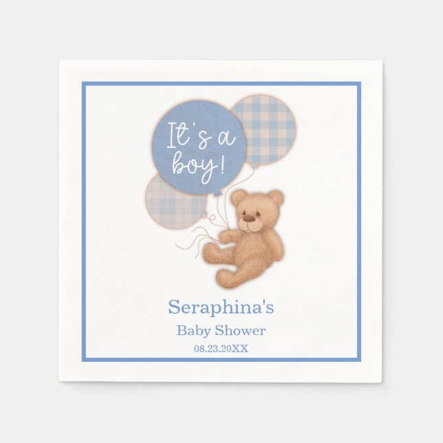 Blue Balloon Teddy Bear Baby Dusche Napkins Serviette (Vorderseite)