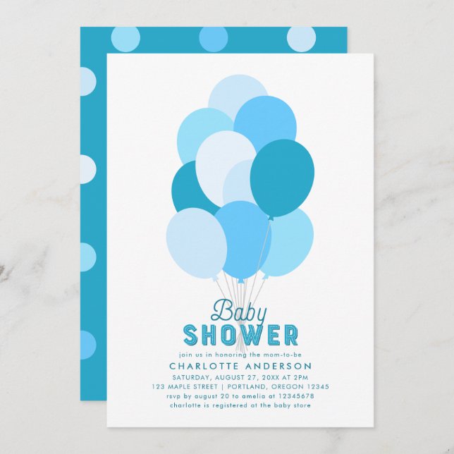 Blue Balloons Baby Dusche Einladung (Vorne/Hinten)