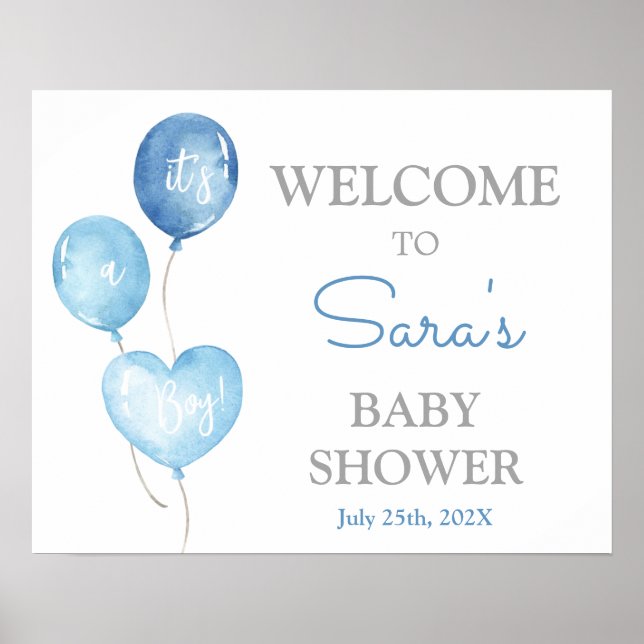 Blue Balloons Baby Shower Boy Begrüßungszeichen Poster (Vorne)