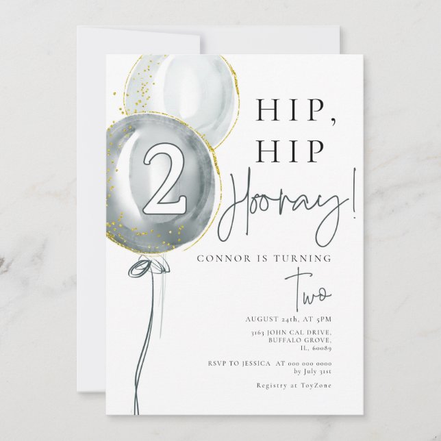 Blue Balloons Boy 2 Geburtstag Einladung (Vorderseite)