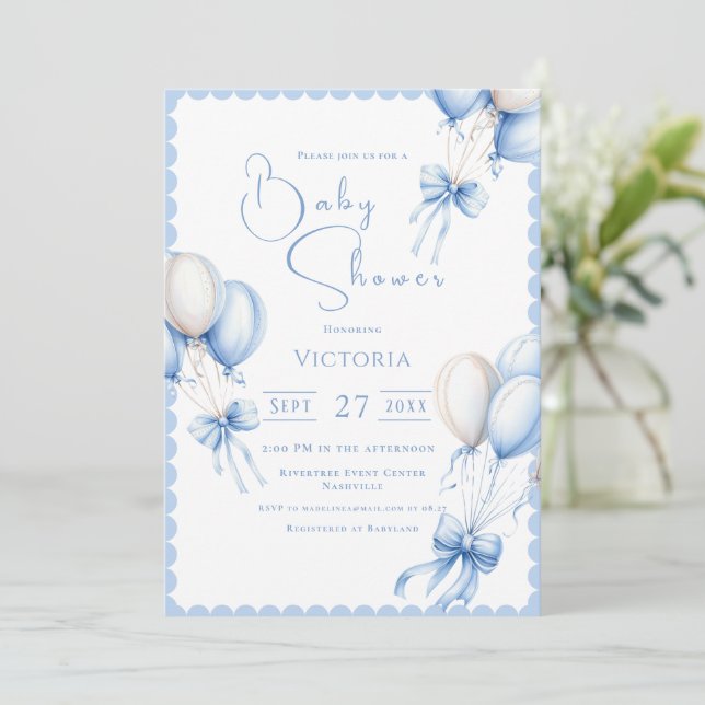 Blue Balloons Boy Baby Dusche Einladung (Stehend Vorderseite)