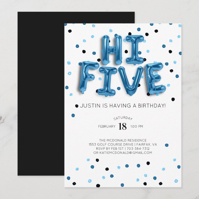 Blue Balloons | Hi Five 5. Geburtstag Einladung (Vorne/Hinten)
