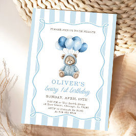 Blue Balloons Teddy Bear Birthday Invitation  Einladung