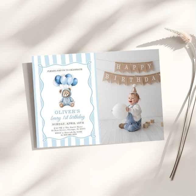 Blue Balloons Teddy Bear Birthday Invitation  Einladung (Von Creator hochgeladen)