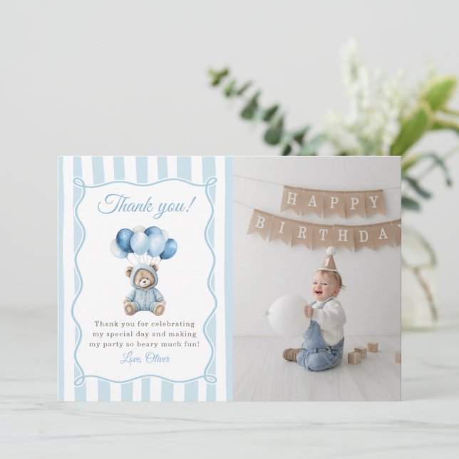 Blue Balloons Teddy Bear Birthday Thank You Card Dankeskarte (Stehend Vorderseite)