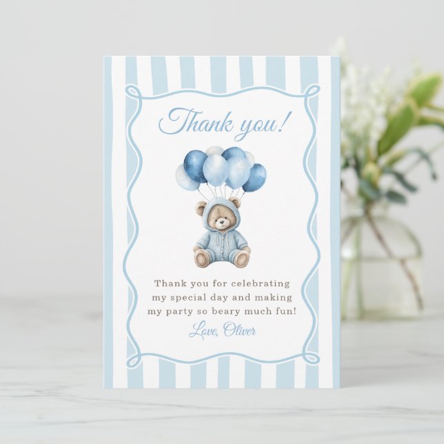 Blue Balloons Teddy Bear Birthday Thank You Card Dankeskarte (Stehend Vorderseite)