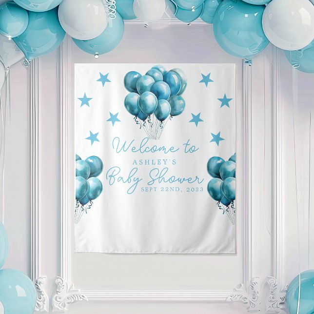 Blue Balloons Watercolor Boy Baby Dusche Hintergru Wandteppich (Von Creator hochgeladen)