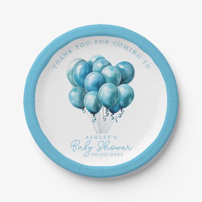 Blue Balloons Watercolor Boy Baby Dusche Pappteller (Vorderseite)