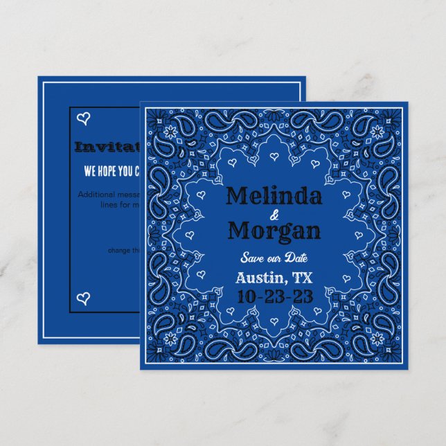 Blue Bandana Flat Save the Date Card (Vorne/Hinten)