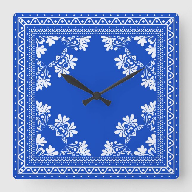 Blue Bandana Pattern Quadratische Wanduhr (Vorderseite)