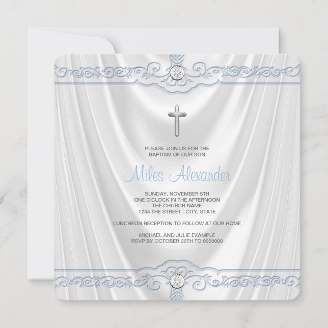 Blue Baptisse Christening White Satin Einladung (Vorderseite)