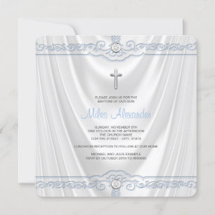 Blue Baptisse Christening White Satin Einladung