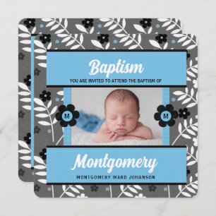 Blue Baptisse für Baby Boy Monogram und Foto Einladung