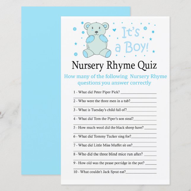 Blue Bär Kinderzimmer Rhyme Quiz Babydusche (Vorne/Hinten)