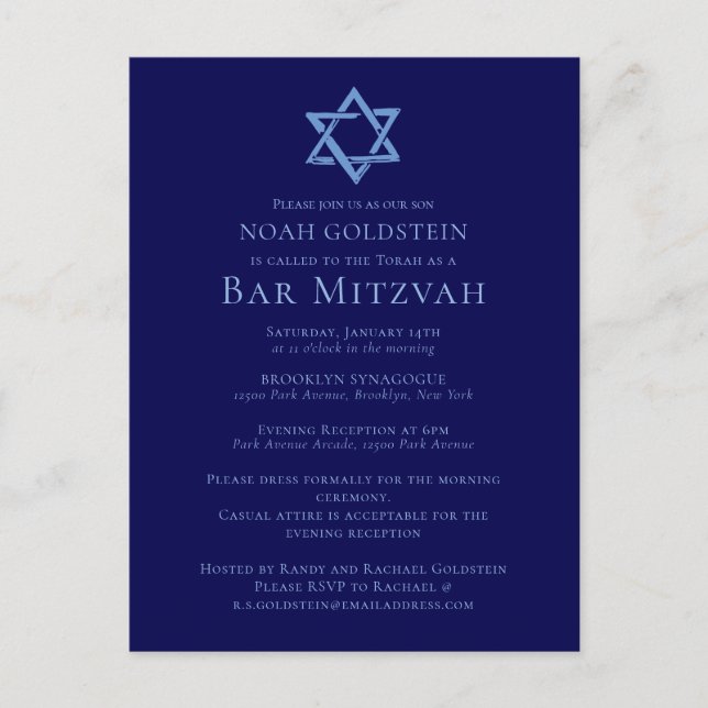 Blue Bar Mitzvah Artistic Star von David Party Postkarte (Vorderseite)