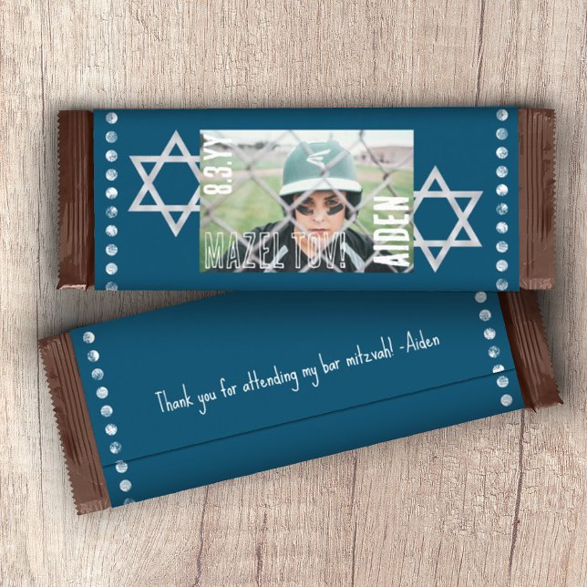 Blue Bar Mitzvah Budget Candy Bar Wrapper w/Stars Flyer (DIY Budget Personalized Blue Bar Mitzvah Candy Bar Wrapper with Photo, Stars of David)