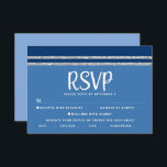 Blue Bar Mitzvah Silver Tallit Script Bold Modern RSVP Karte<br><div class="desc">Seien Sie stolz, freuen Sie sich und feiern Sie diesen Meilenstein Ihres Lieblings-Bar Mitzvah mit dieser coolen, einzigartigen, modernen, personalisierten UAWG Insert-Karte für Ihre Veranstaltung! Fett, weiße Schrift Typografie und ein marineblau und silberblau gestreifter Glitzer gestreift tallit inspirierte grafische Overlay ein einfaches, kornblauer Hintergrund. Personalisieren Sie den benutzerdefinierten Text mit...</div>