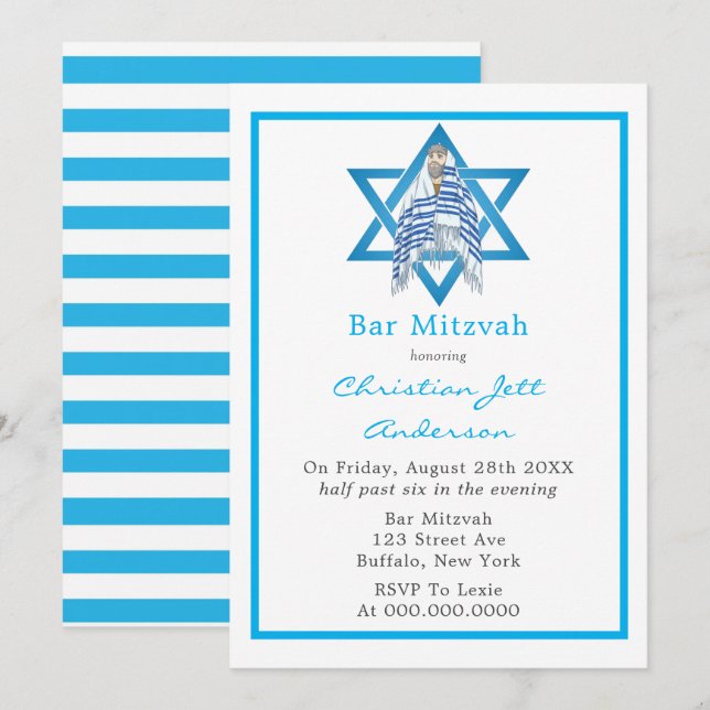 Blue Bar Mitzvah Star der David-Einladung Einladung (Vorne/Hinten)