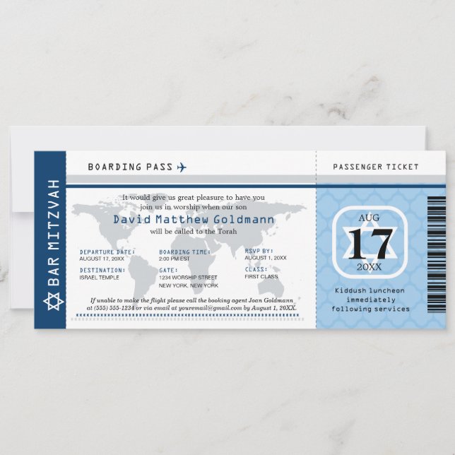 Blue Bar Mitzvah World Traveller Boarding Pass Einladung (Vorderseite)