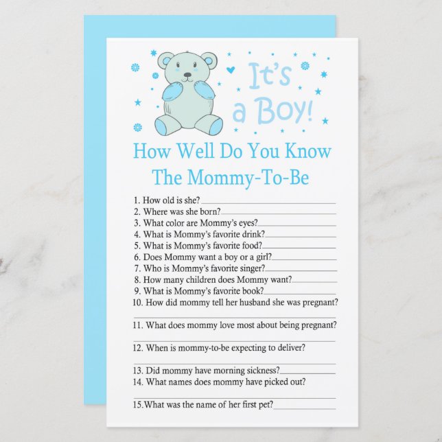 Blue Bär Wie gut kennen Sie das Baby-Duschspiel? (Vorne/Hinten)