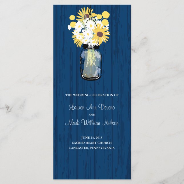 Blue Barn Mason Jar Sonnenblumen Hochzeitsprogramm Programm (Vorderseite)