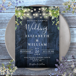 Blue Barn Wood String Lights Grüne Hochzeit Einladung
