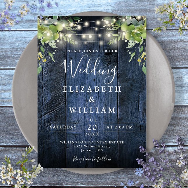Blue Barn Wood String Lights Grüne Hochzeit Einladung (Blue Barn Wood String Lights Greenery Wedding Invitation)