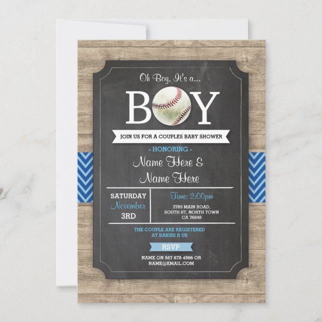 Blue Baseball Baby Shower Boy Sports Wood laden ei Einladung (Vorderseite)